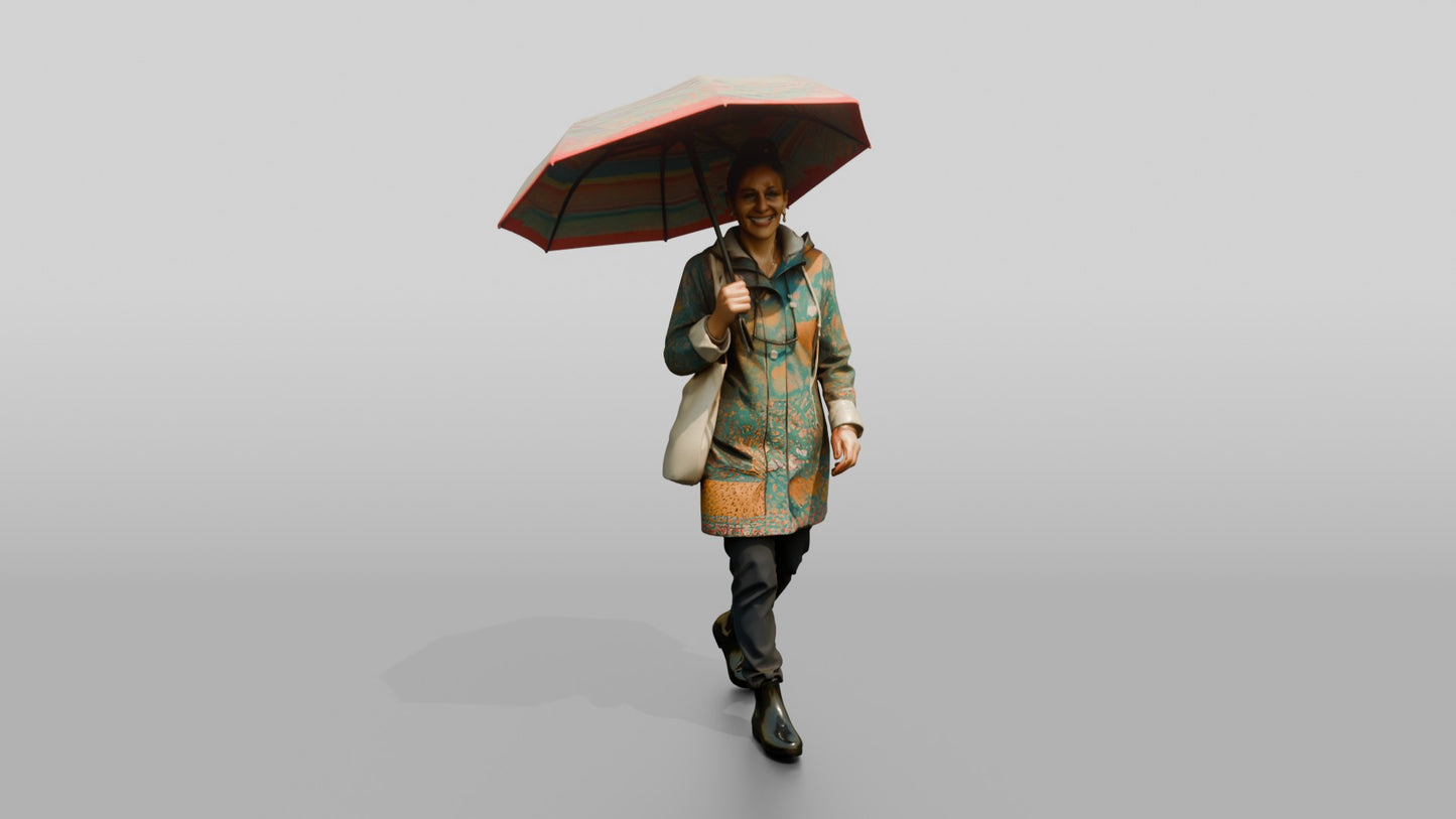 Indian Woman in Patterned Raincoat with Umbrella