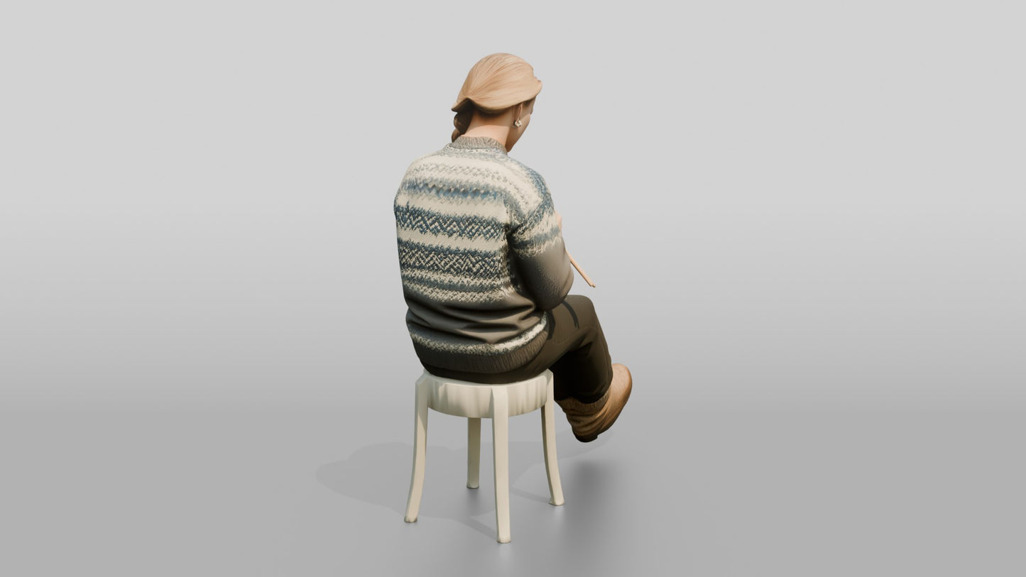 Norwegian Woman Knitting on a Snowy Bench