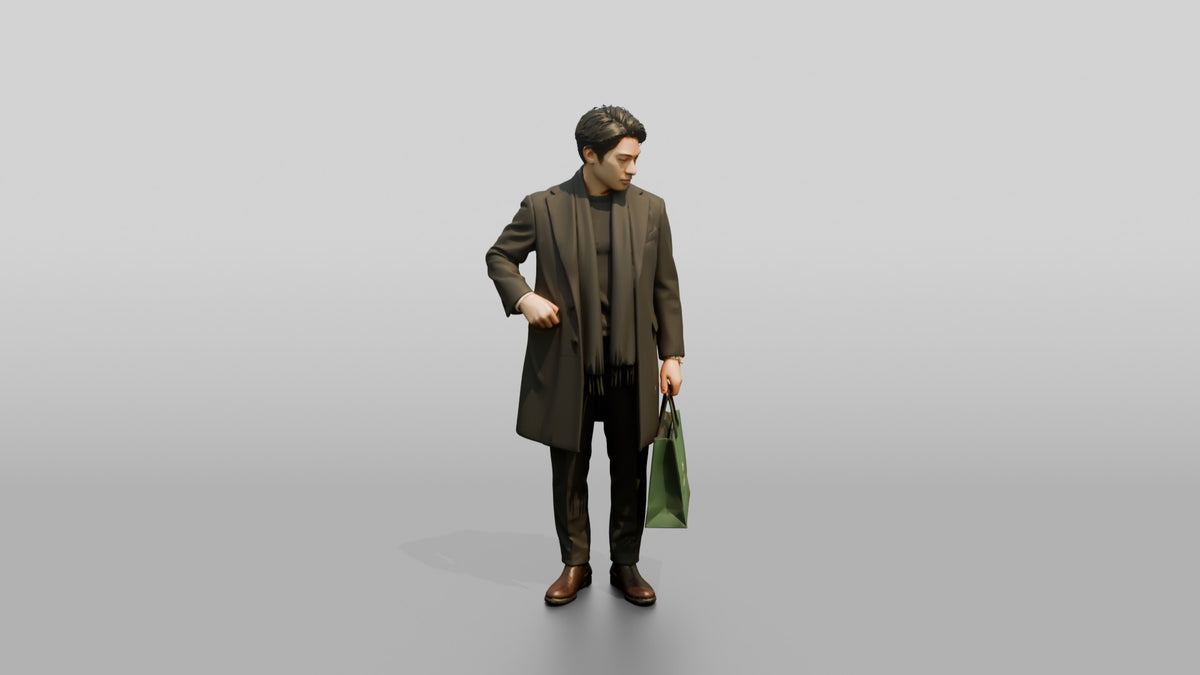Man Standing in Olive Wool Coat - 3D character model, view 5