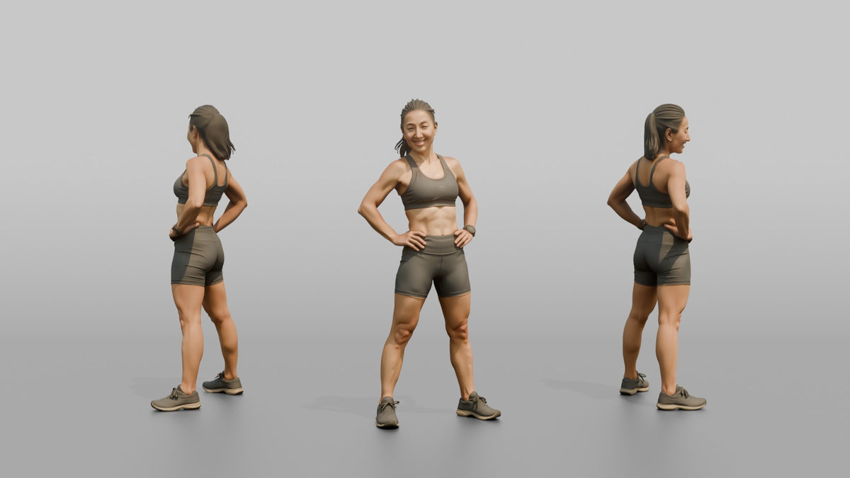 Physique Model Woman Leaning Back Slightly, Hands On Hips - 3D character model, view 1