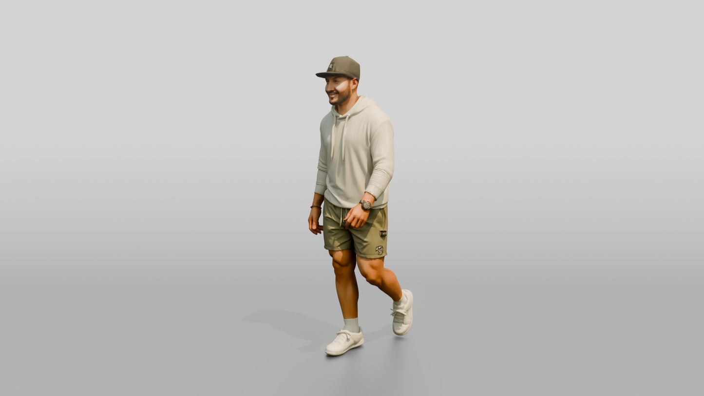 Latino Man Striding on the Boardwalk in Terry Hoodie