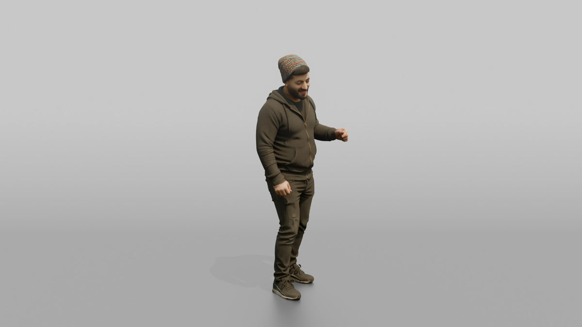 Patron Man Wearing A Colorful Beanie, Nodding Along To Music - 3D character model, view 2