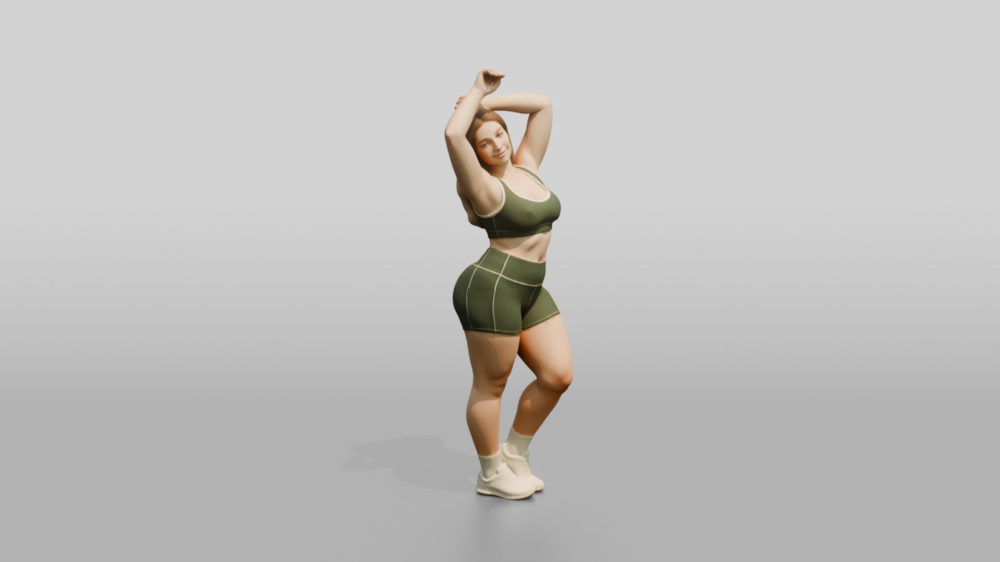 Curvy Woman in Olive Activewear Stretching Overhead