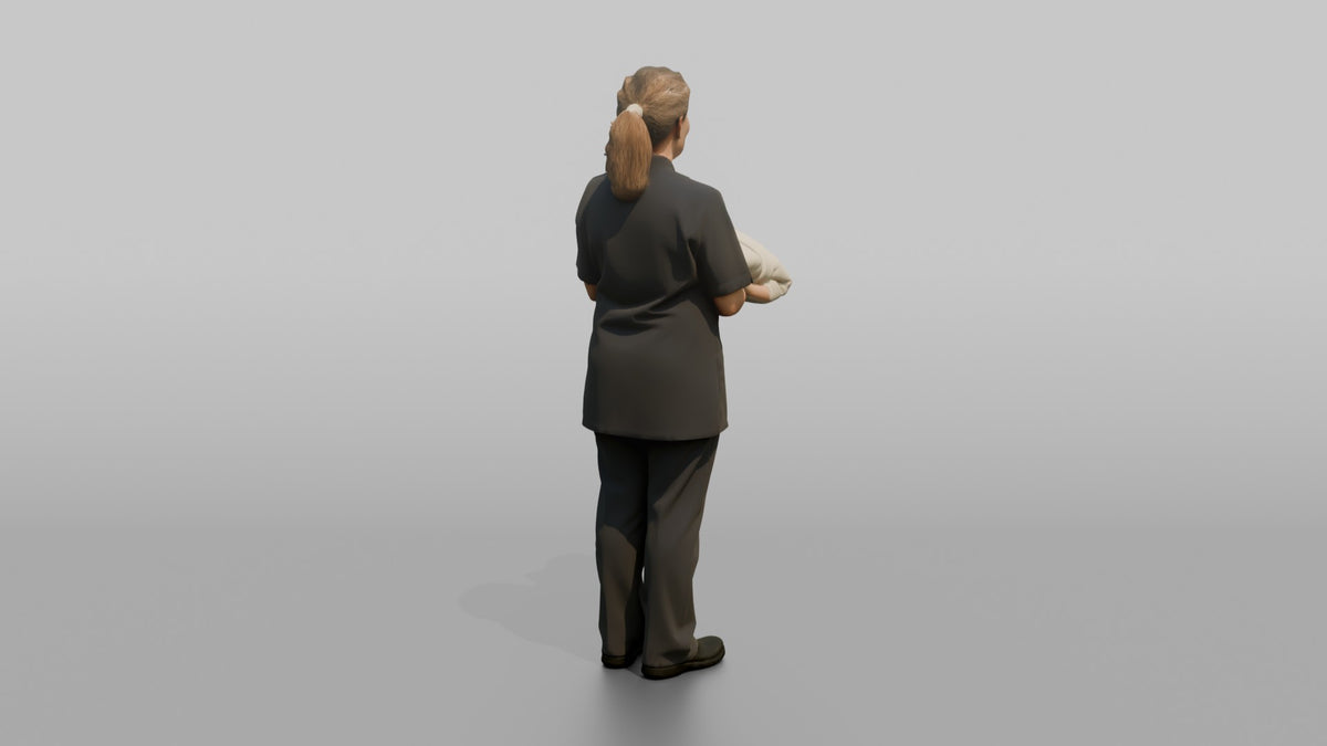 Housekeeping Staff Woman Holding A Folded Bathrobe - 3D character model, view 3