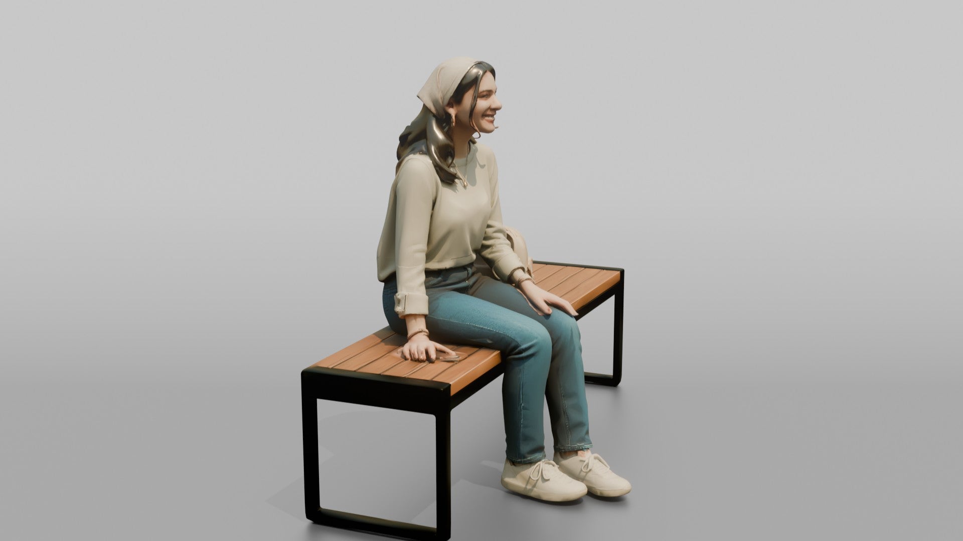Young Woman Sitting on Bench with Backpack