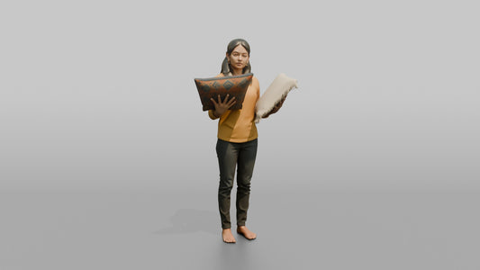 Woman Customer Comparing Two Throw Pillows Side By Side - 3D character model