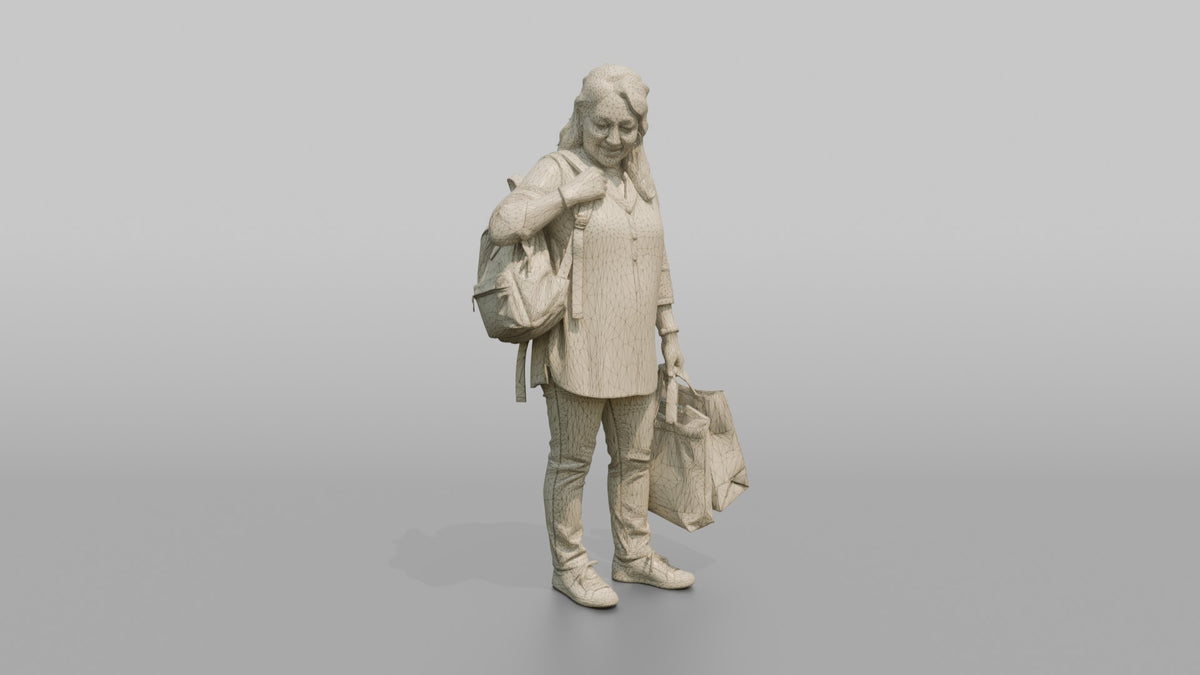 Woman Customer Adjusting Her Backpack Strap While Carrying Two Shopping Bags - wireframe topology preview