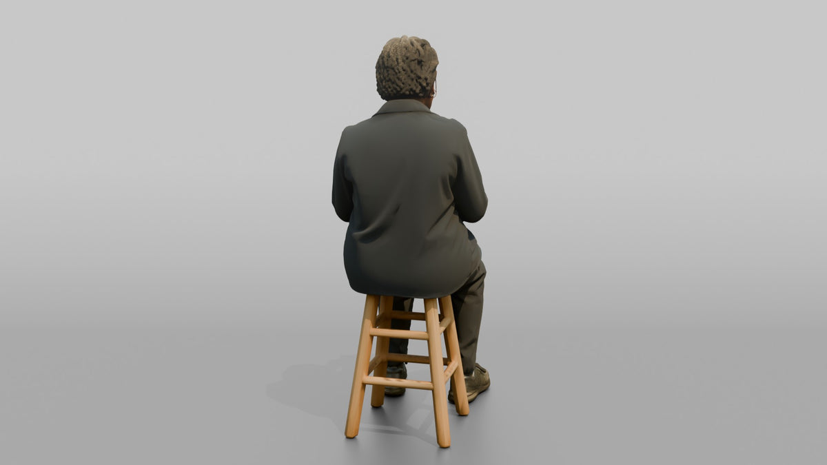 Woman Store Clerk Sitting On A Stool Reading A Receipt - 3D character model, view 3