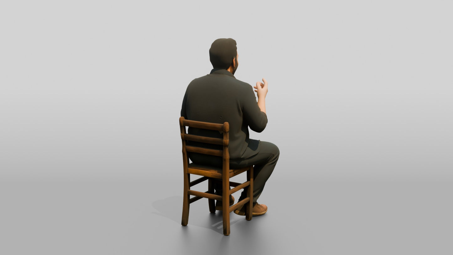 Man Gesturing with Tea and Earbuds