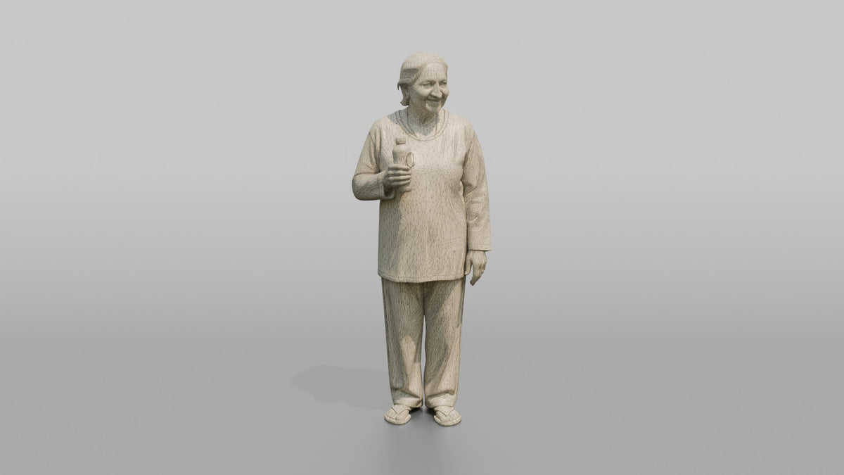 Spa Client Woman Standing Holding A Small Water Bottle, Post-treatment - wireframe topology preview