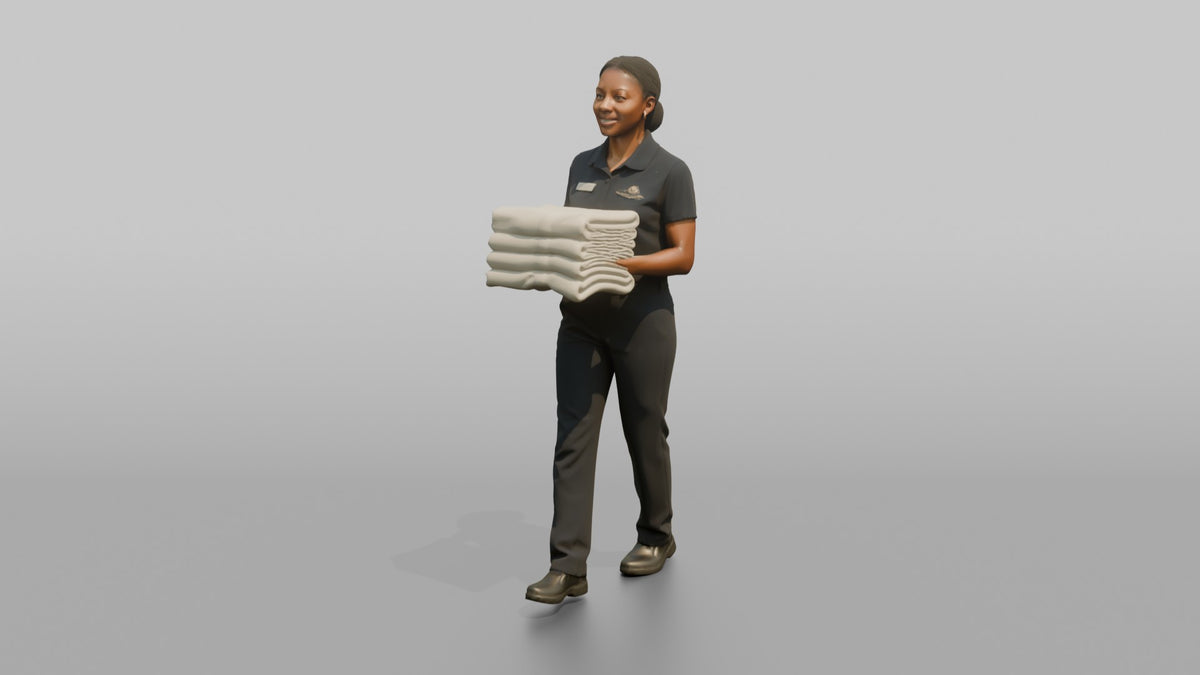 Housekeeping Staff Man Carrying A Stack Of Folded Towels - 3D character model, view 4