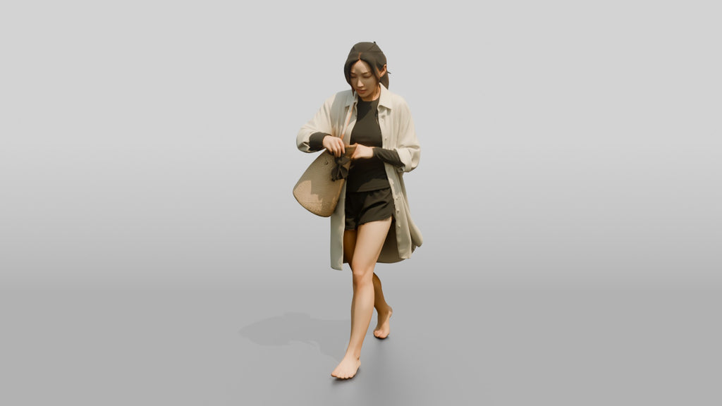 Woman Reaching Into Straw Beach Bag