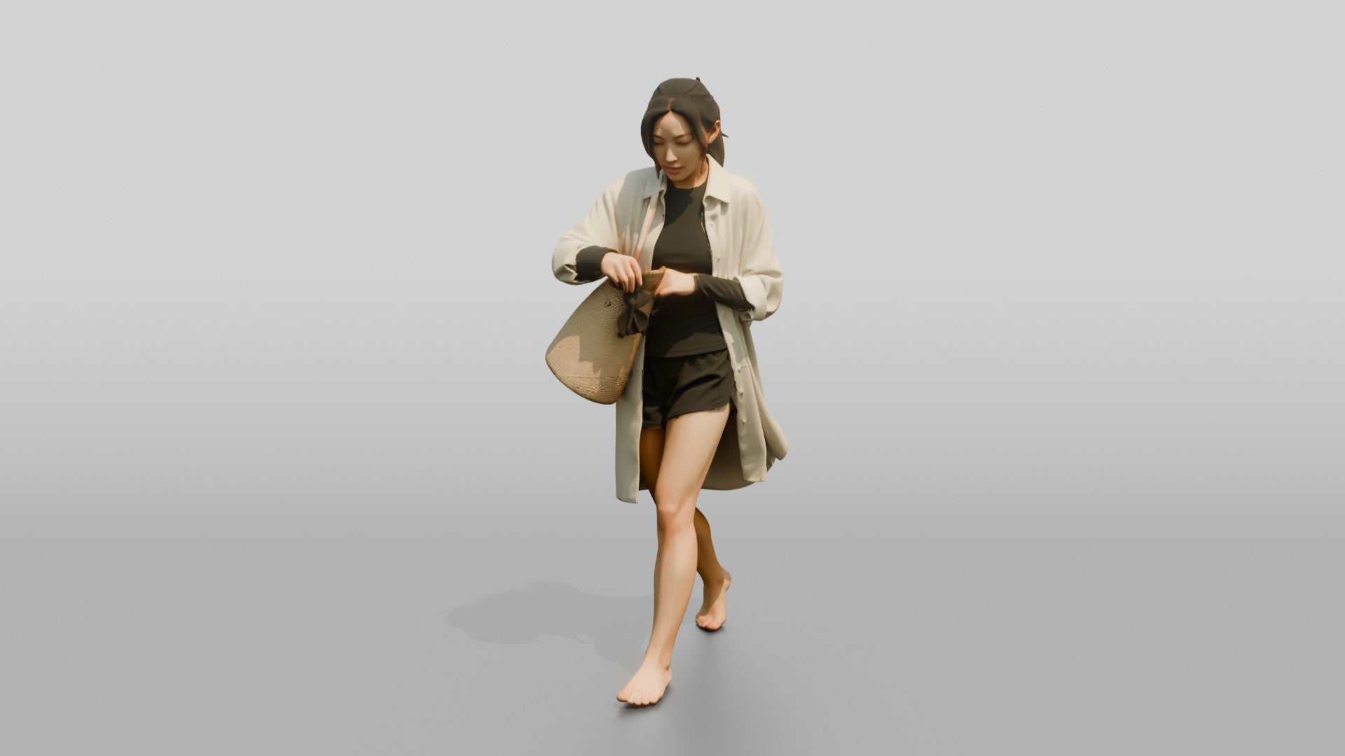 Woman Reaching Into Straw Beach Bag
