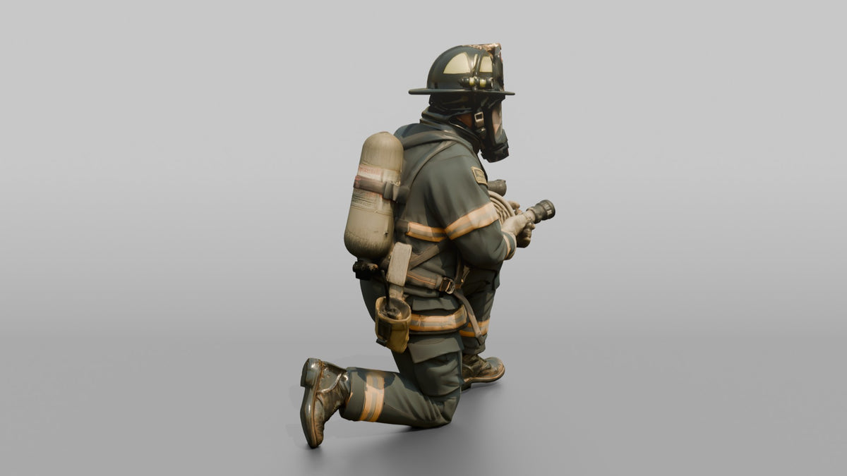 Firefighter Man Crouching in a Low Tactical Stance - 3D character model, view 2