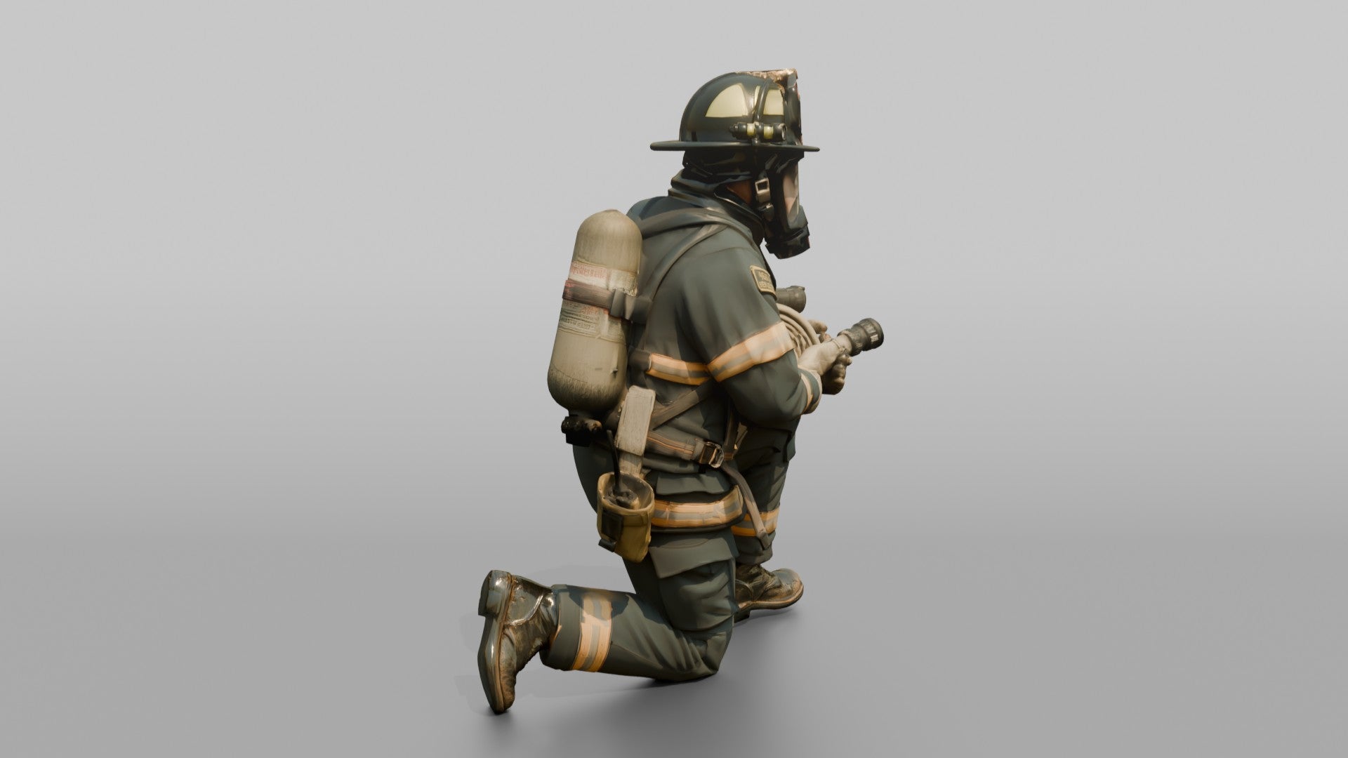 Firefighter Man Crouching in a Low Tactical Stance