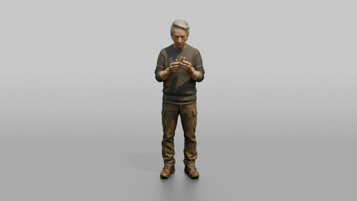 Grandfather Holding A Pipe, Examining It Thoughtfully - 3D character model, view 5
