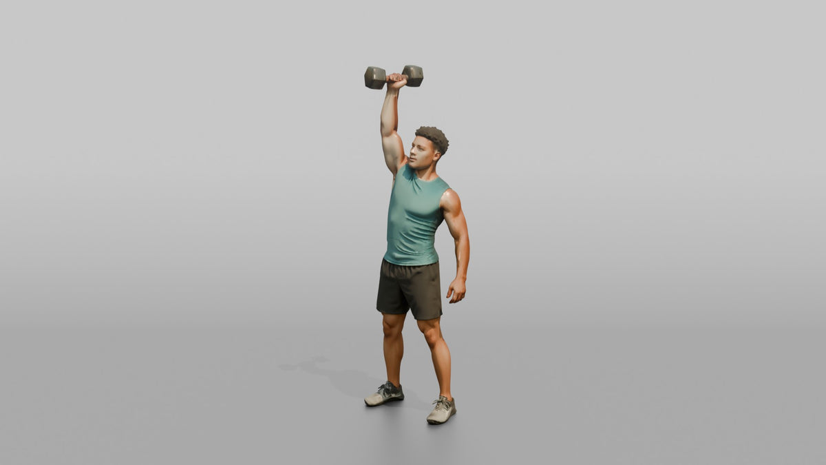 Weightlifter Man Pressing A Dumbbell Overhead With One Arm - 3D character model, view 4