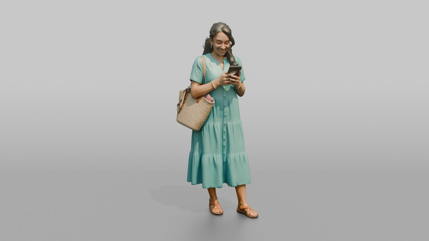 Vacationer Wearing Bright Turquoise Summer Dress And Straw