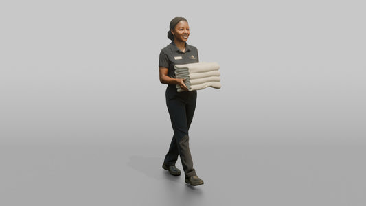 Housekeeping Staff Man Carrying A Stack Of Folded Towels - 3D character model