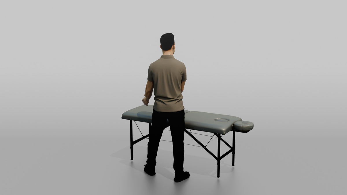 Massage Therapist Man Gesturing With Both Hands Over A Massage Table - 3D character model, view 3