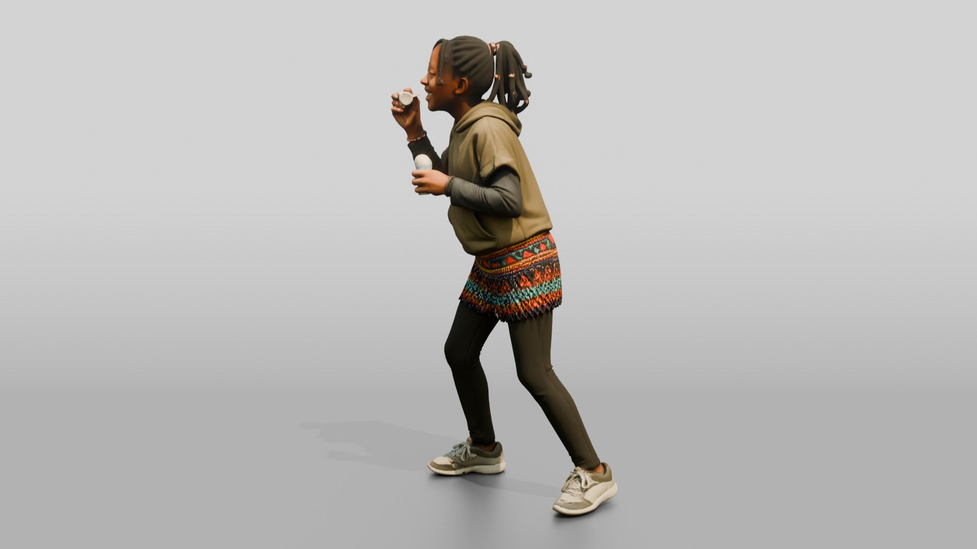African Girl Blowing Bubbles in a Beaded Skirt