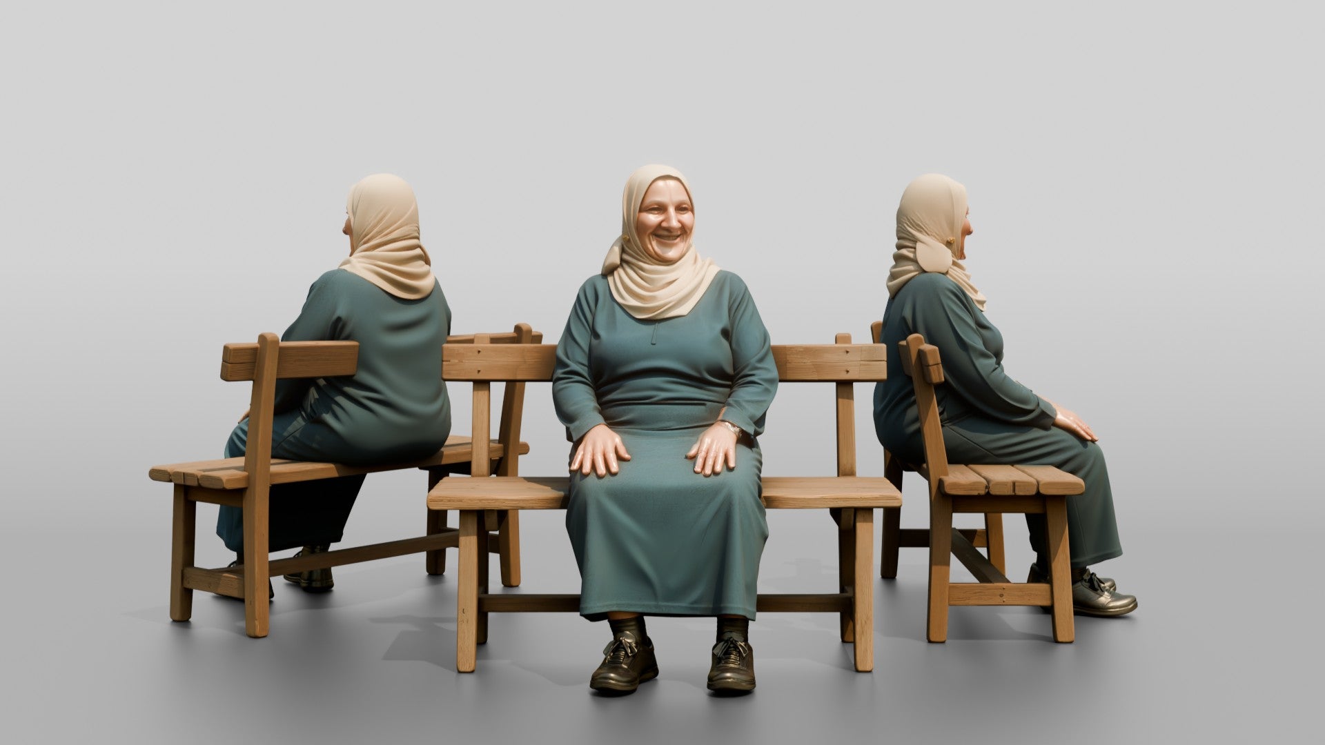 Stocky Elderly Egyptian Woman in Hijab and Kaftan