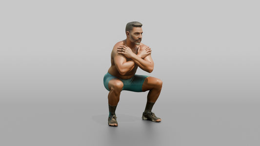 Bodyweight Athlete Man Holding A Deep Squat Position, Arms Crossed - 3D character model
