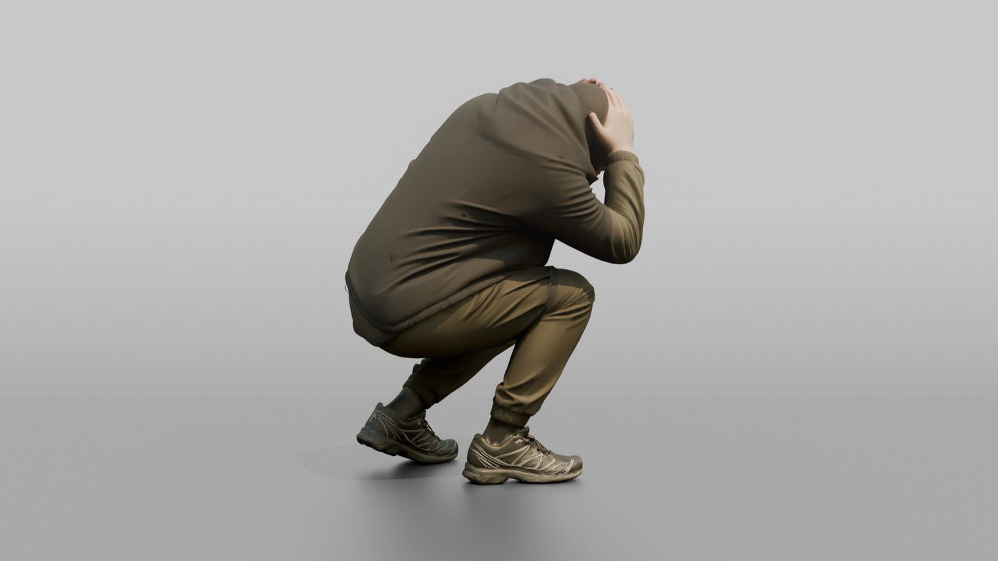 Protester Man Crouching with Hands on His Head