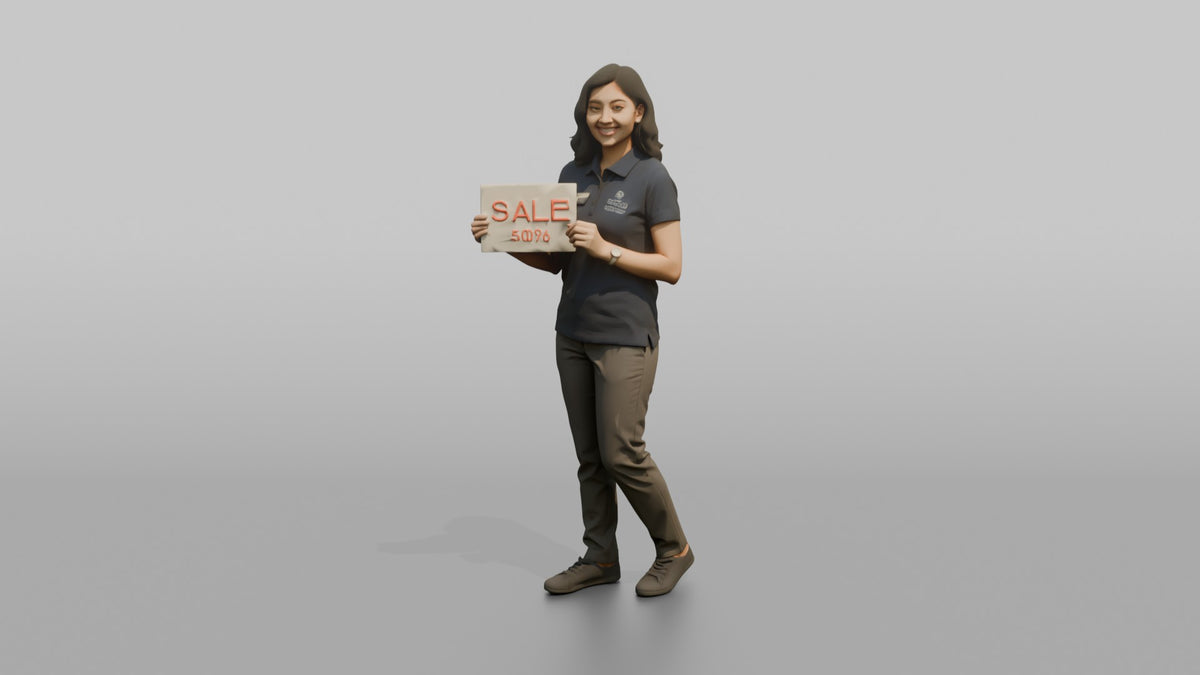 Woman Sales Associate Holding Up A Sale Sign - 3D character model, view 5