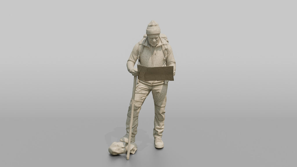 Hiker Leaning on a Walking Stick, Reading a Map