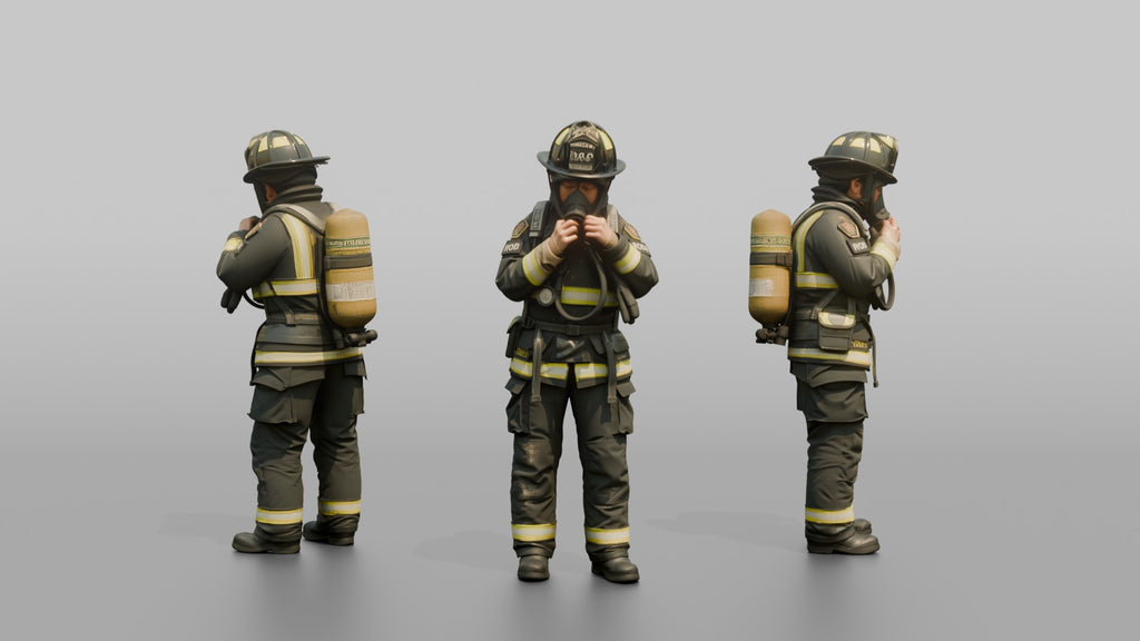Firefighter Woman Adjusting Her Face Mask Regulator