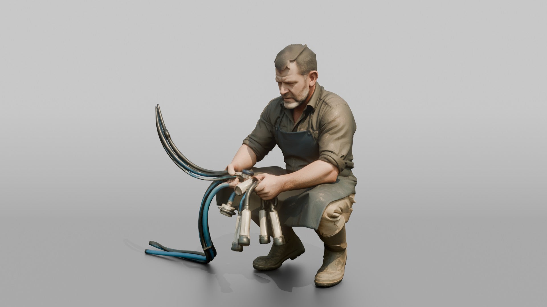 Farmer Crouching Down Holding Automated Milking Apparatus Equipment