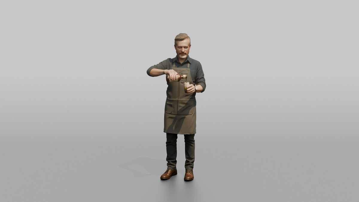 Bartender Man Pouring A Drink From A Bottle Into A Glass - 3D character model, view 5