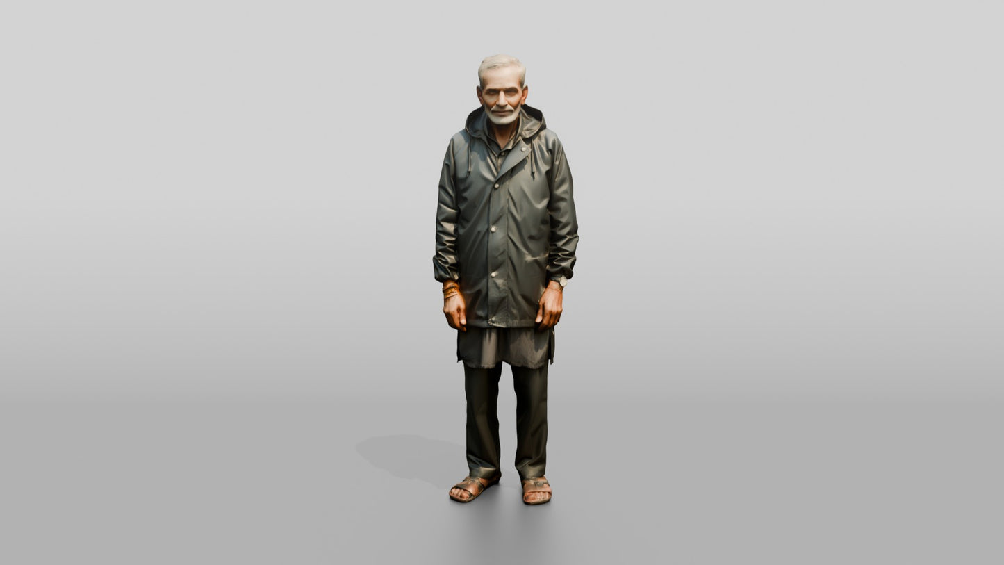Elderly Indian Man Standing Calmly in the Rain