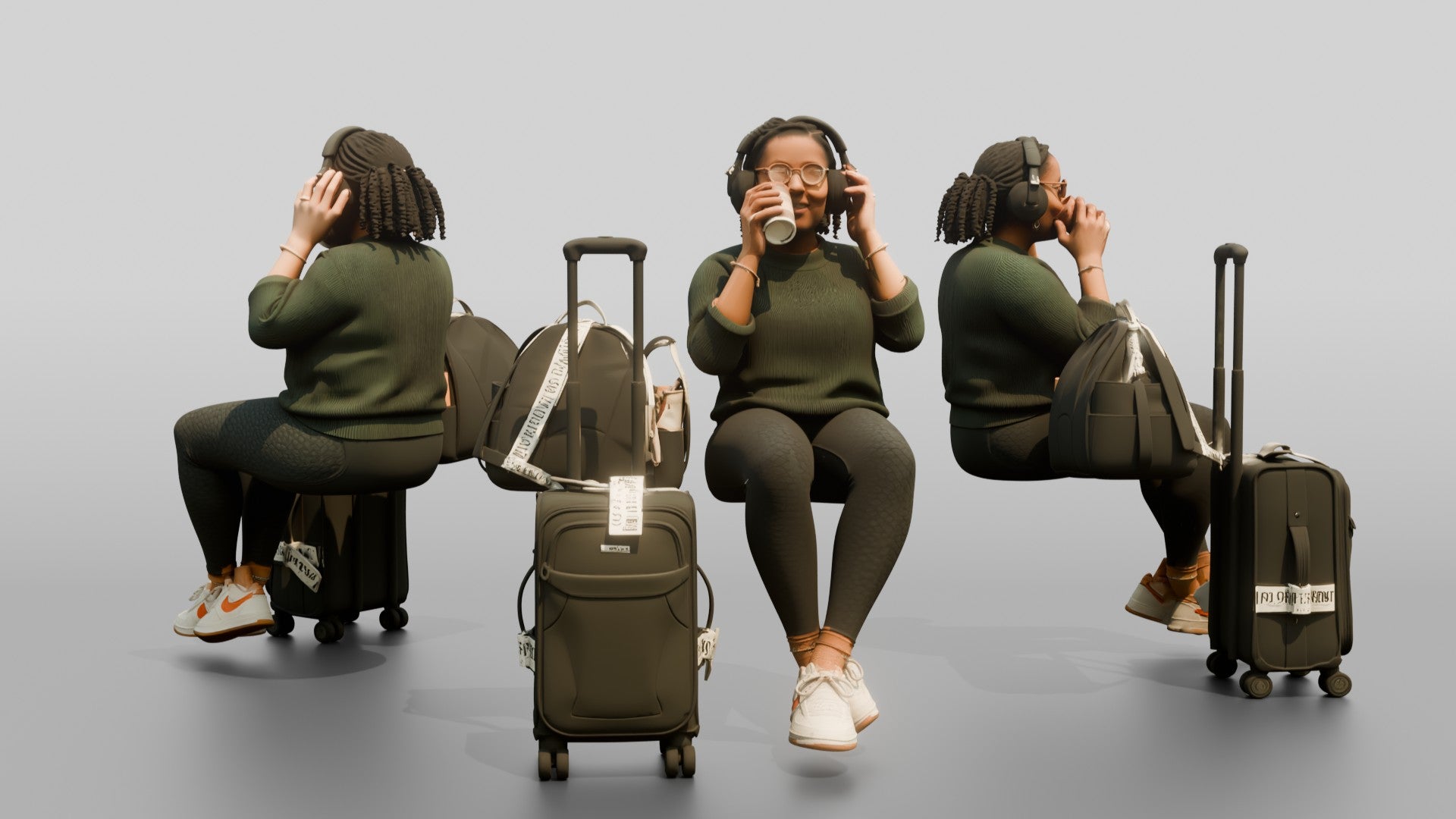 Plus-Size Black Woman Seated with Headphones Drinking Coffee