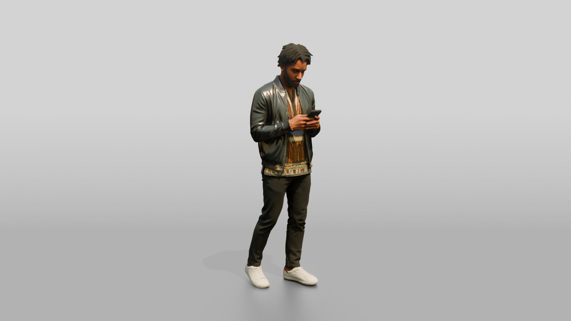Stylish African Man Texting in a Leather Bomber Jacket