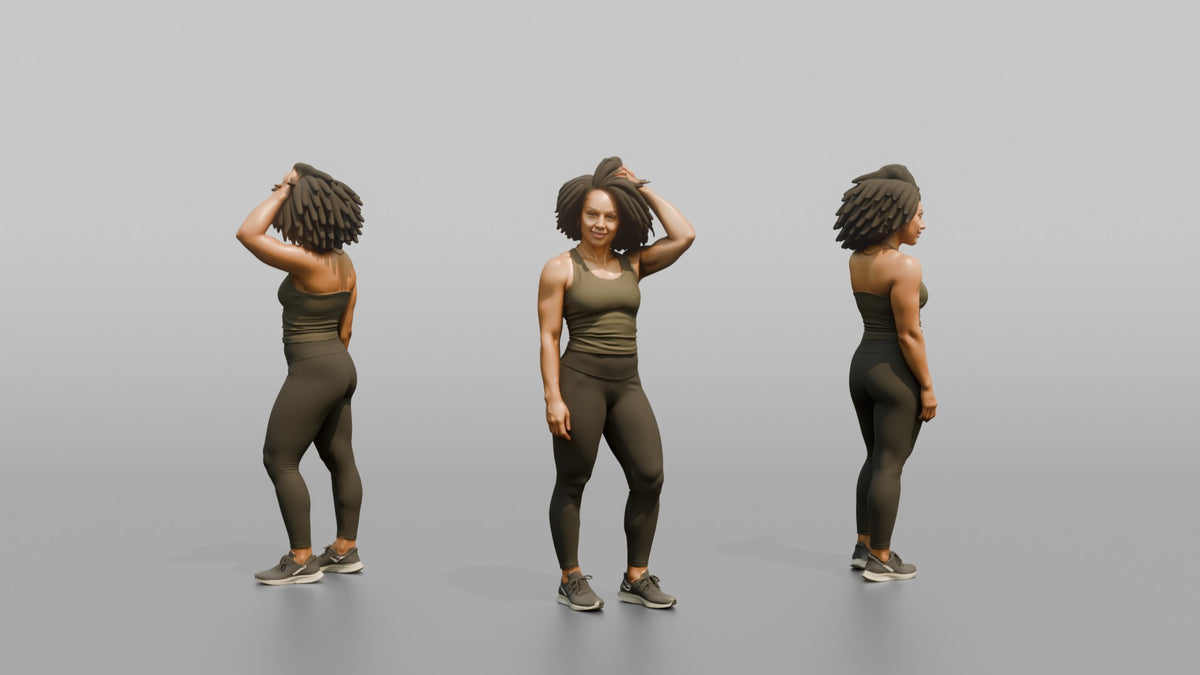 Physique Model Woman Standing With One Hand Through The Hair, Confident Pose - 3D character model, view 1