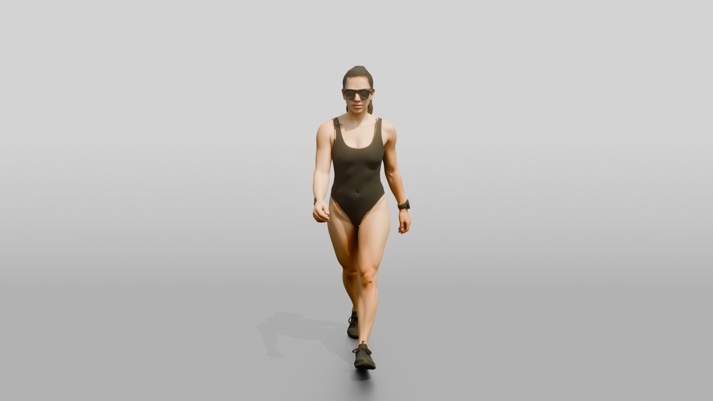 Latina Woman in Sleek Black Swimsuit Beach Walk