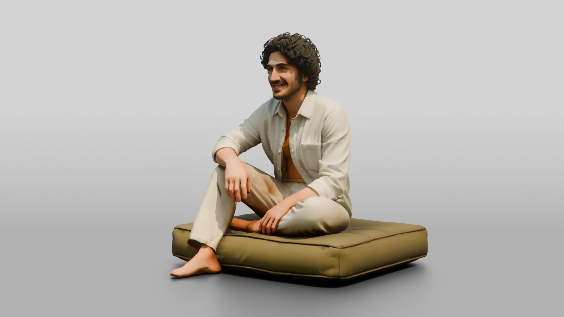 Man Sitting Cross-Legged in Linen
