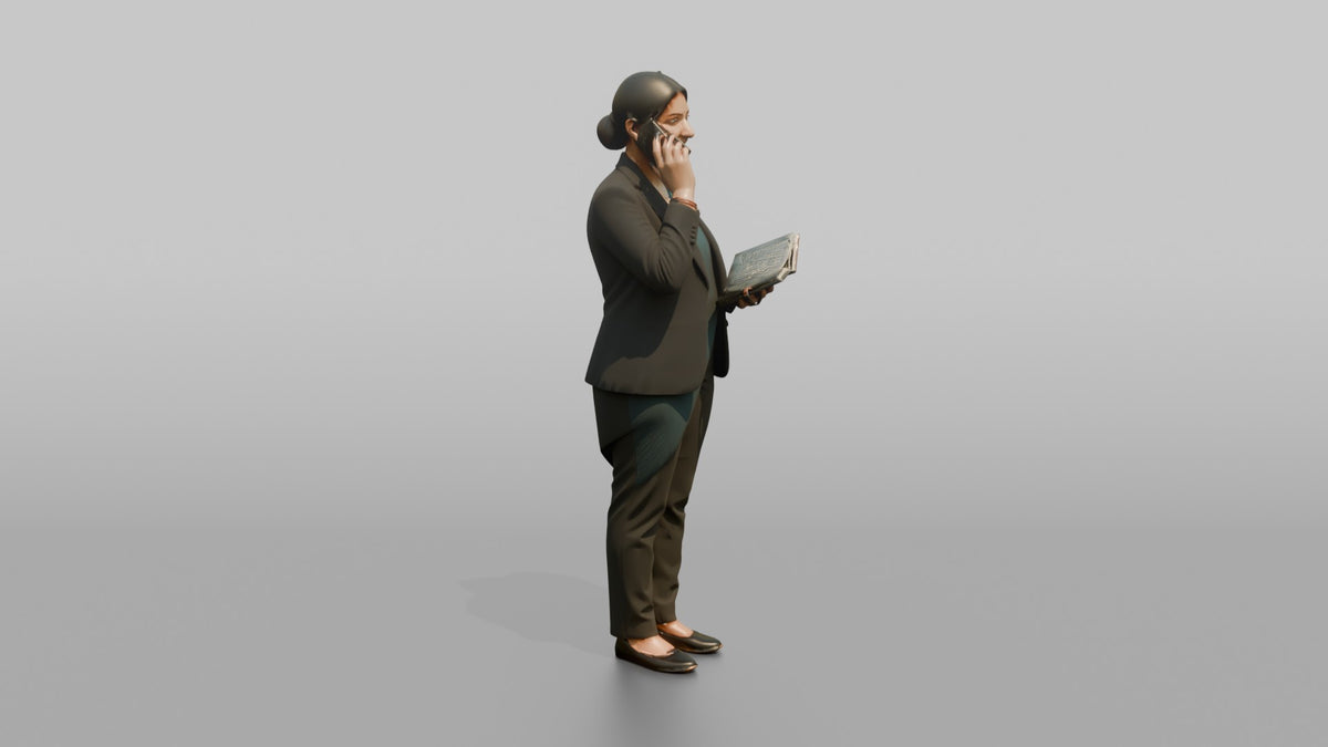 Host Woman Holding A Phone, Taking A Reservation Call - 3D character model, view 2
