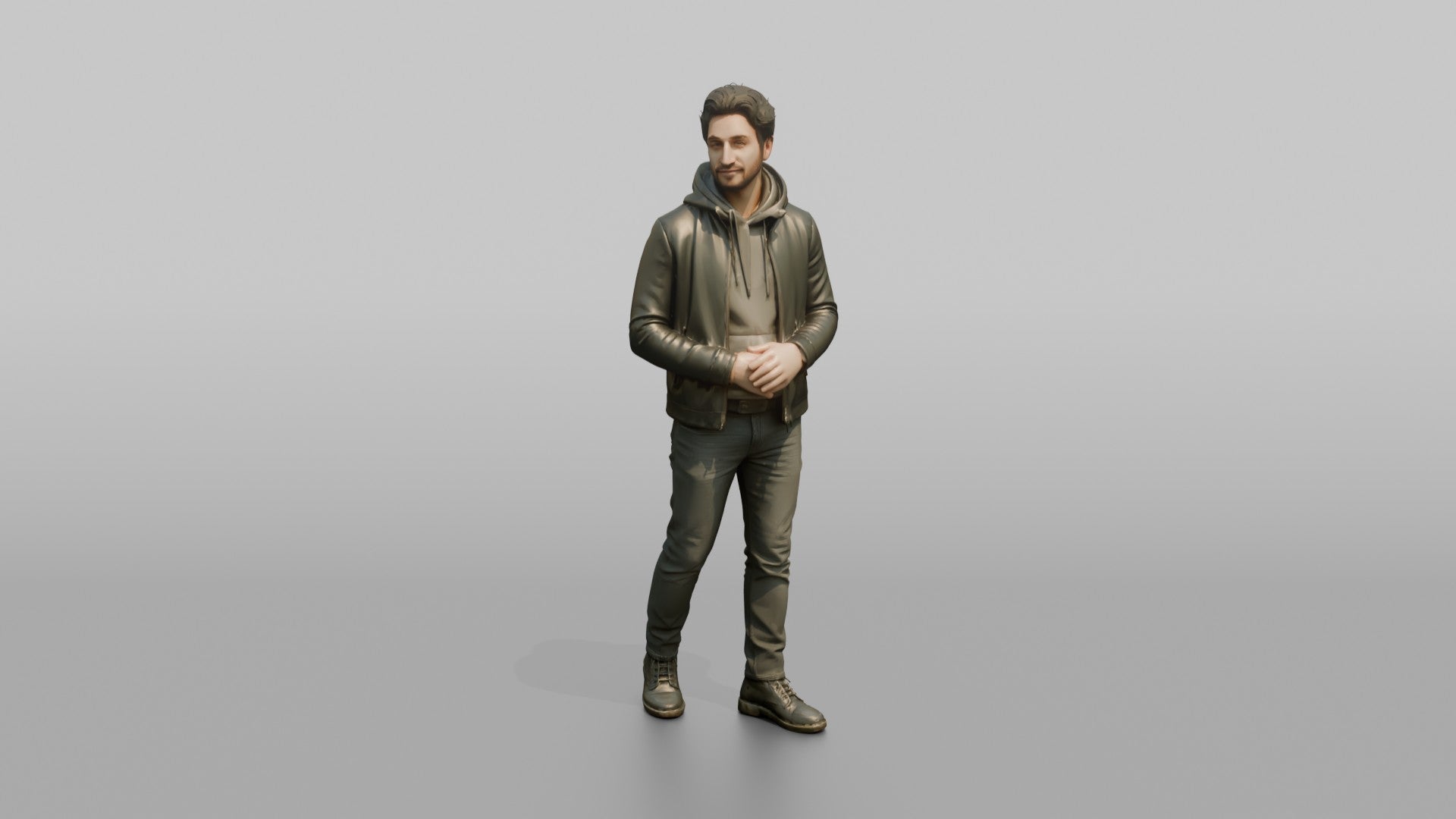 Young Man in Olive Leather Jacket and Boots