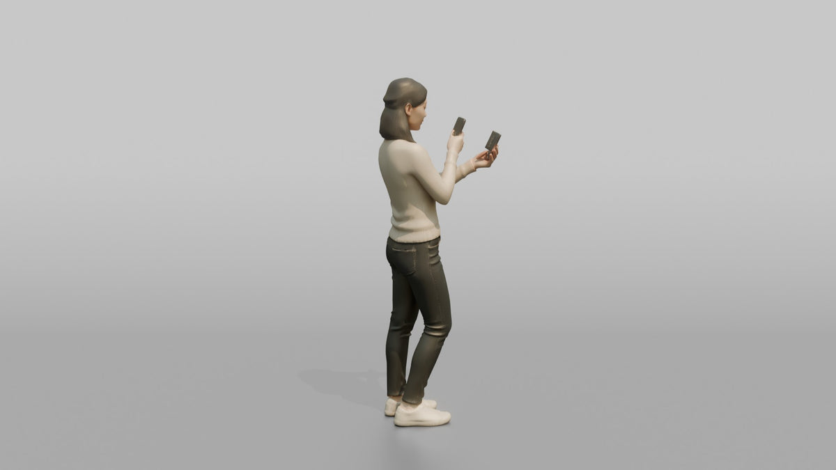 Woman Customer Taking A Photo Of A Price Tag With Her Phone - 3D character model, view 3