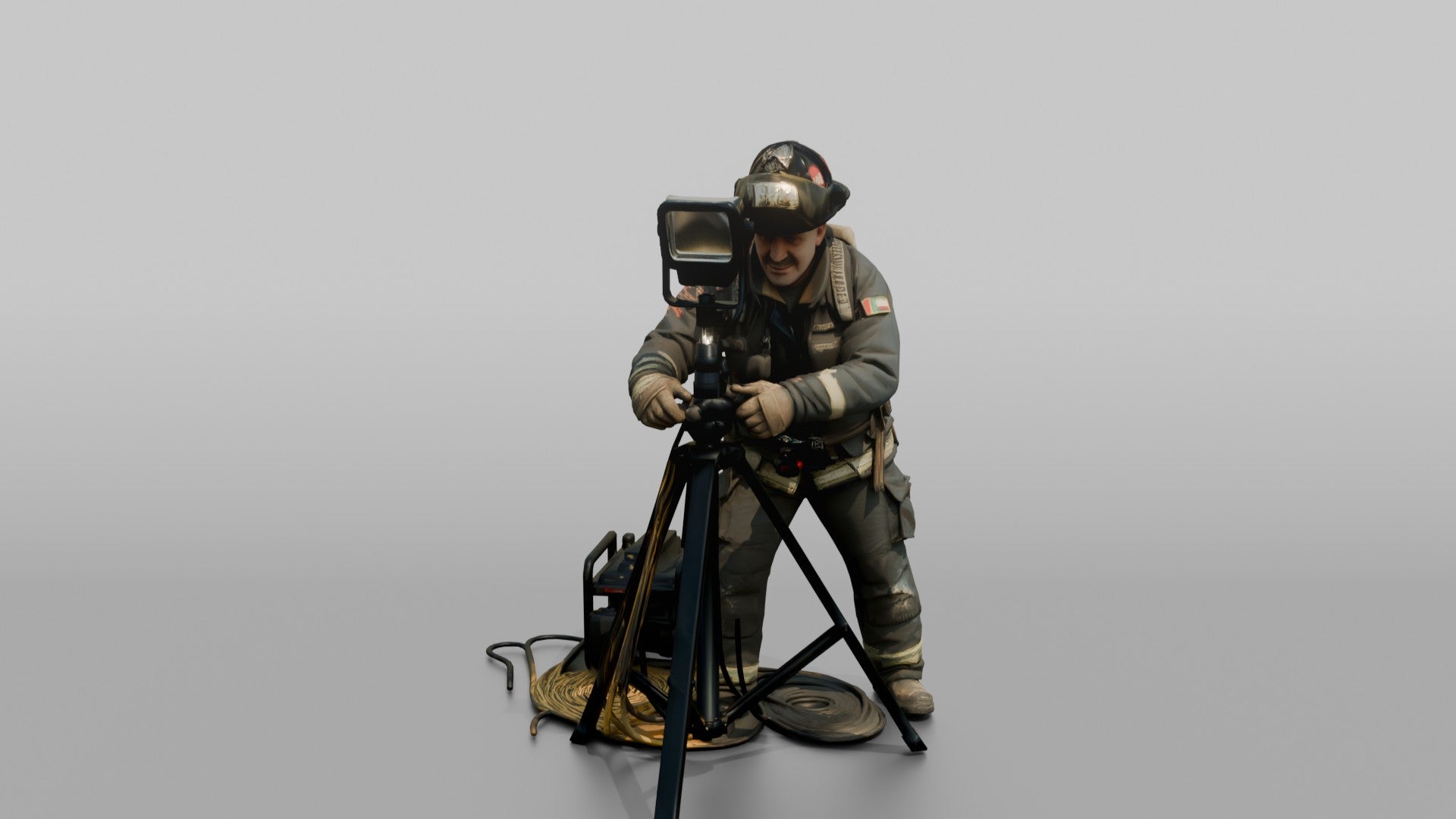 Firefighter Man Operating a Portable Floodlight Tripod