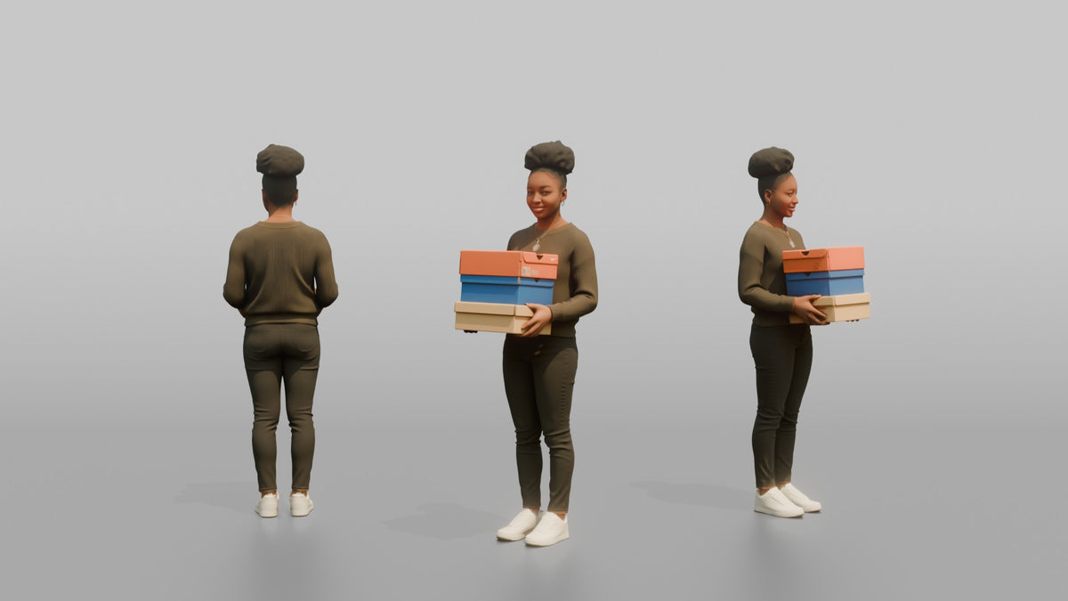 Woman Customer Holding A Stack Of Three Shoeboxes - 3D character model, view 1