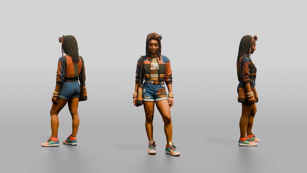 African Woman in Print Crop Sweater and Denim Shorts