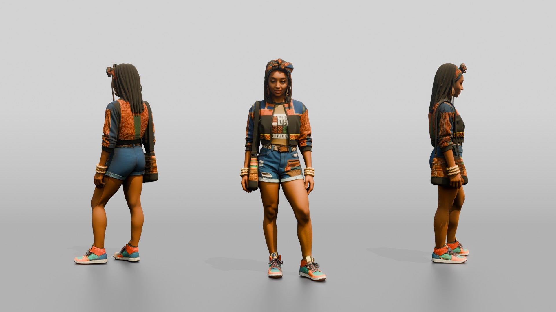 African Woman in Print Crop Sweater and Denim Shorts