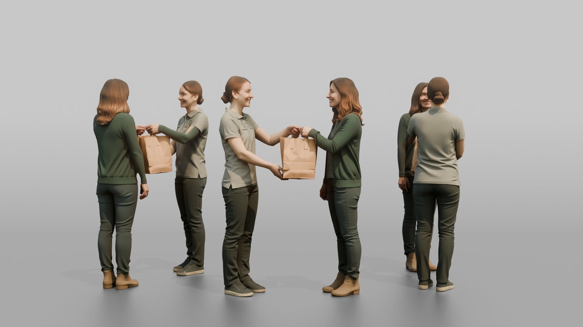 Woman Cashier Handing A Paper Shopping Bag To A Customer - 3D character model, view 1