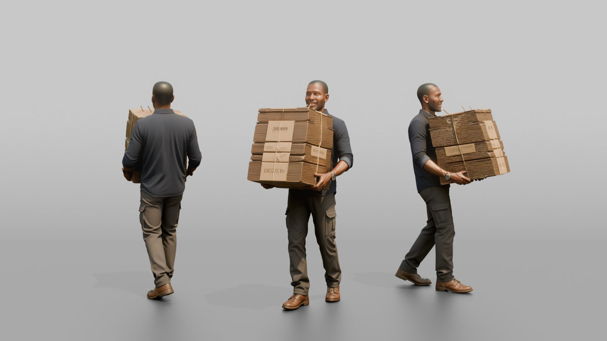 Father Carrying A Stack Of Flattened Moving Boxes - 3D character model, view 1