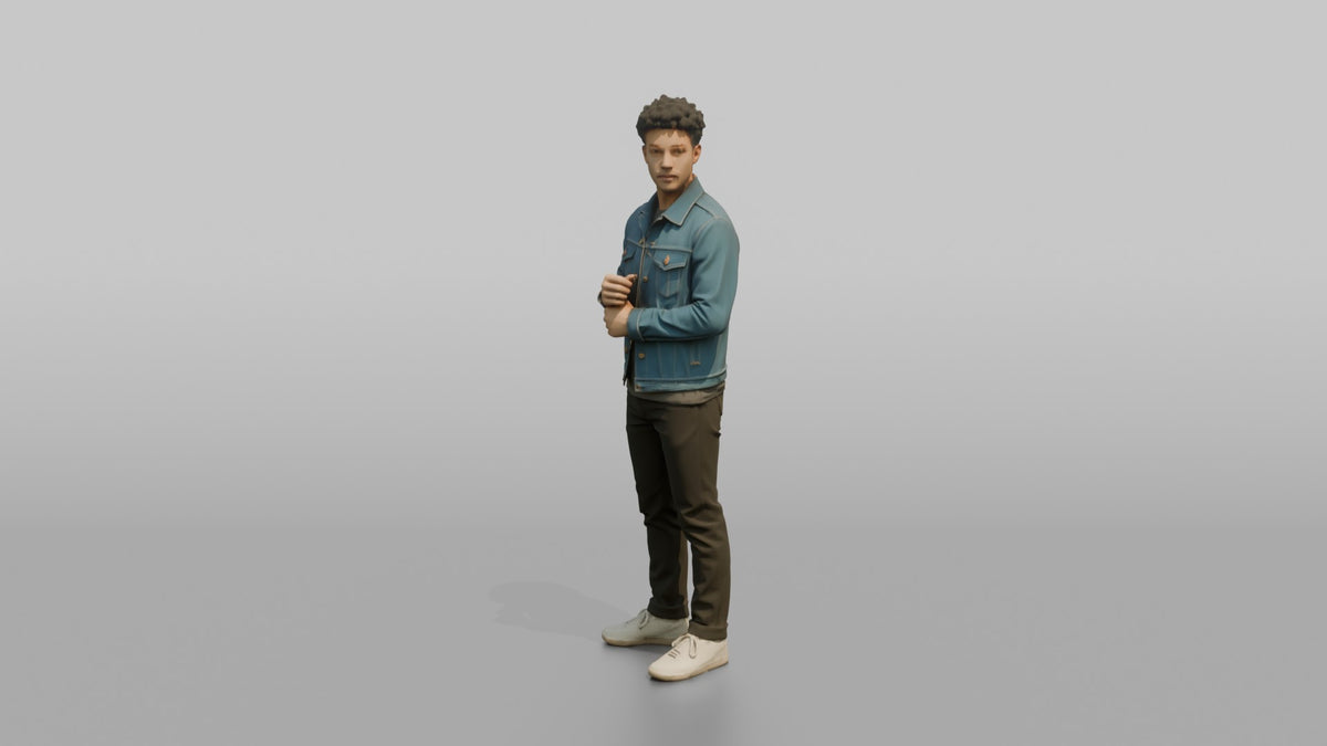 Man Customer Trying On A Denim Jacket - 3D character model, view 4