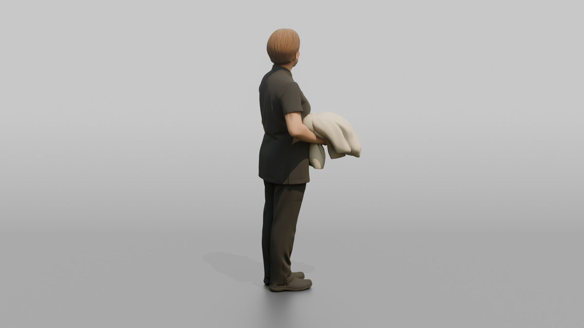 Spa Attendant Man Holding A Folded Bathrobe Over One Arm - 3D character model, view 3